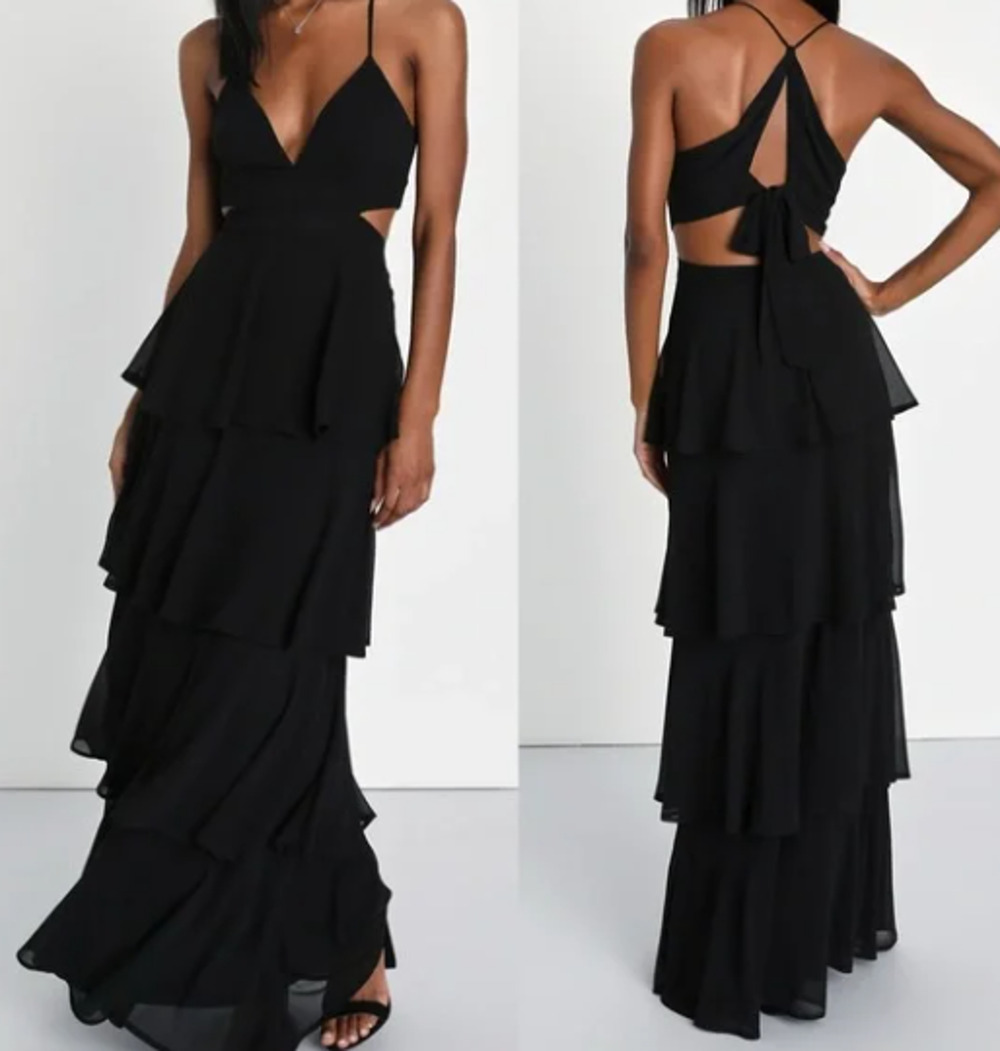 LULU'S XS Tier and Now Black Tie-Back Tiered Formal Party Maxi Dress NEW 0B1